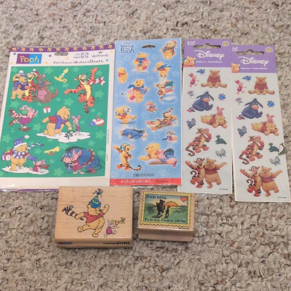Vintage Disney Winnie the Pooh Stickers and Wooden Stamps Stationary Crafts